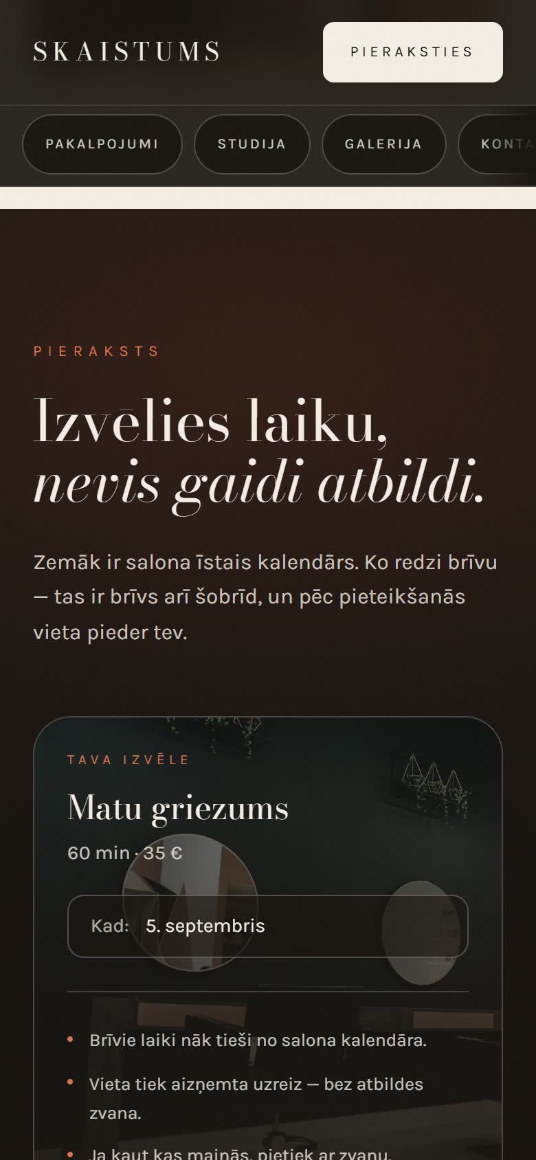 Pakalpojumu izvēle telefonā ar cenām un ilgumu.